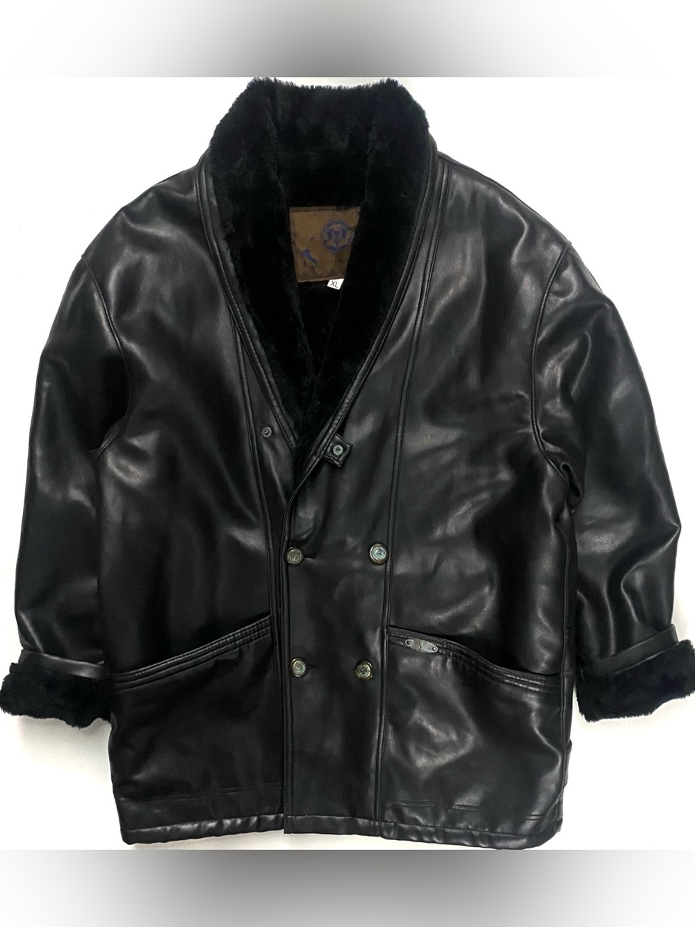 Vintage Marlboro Man Black Leather Suede Shearling Jacket Coat Made In Italy XL